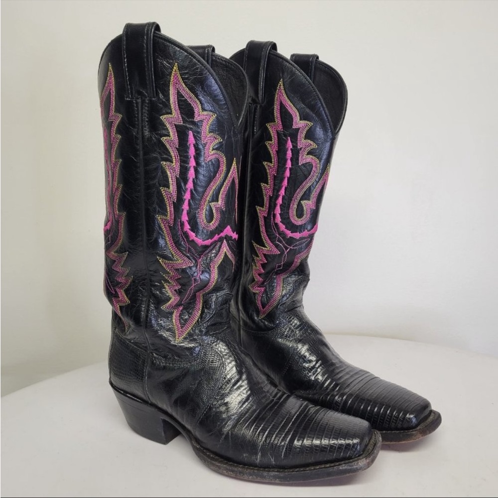 Justin Boots Womens 8B Black Lizard Square Toe Western Cowboy Pink Topstitch
